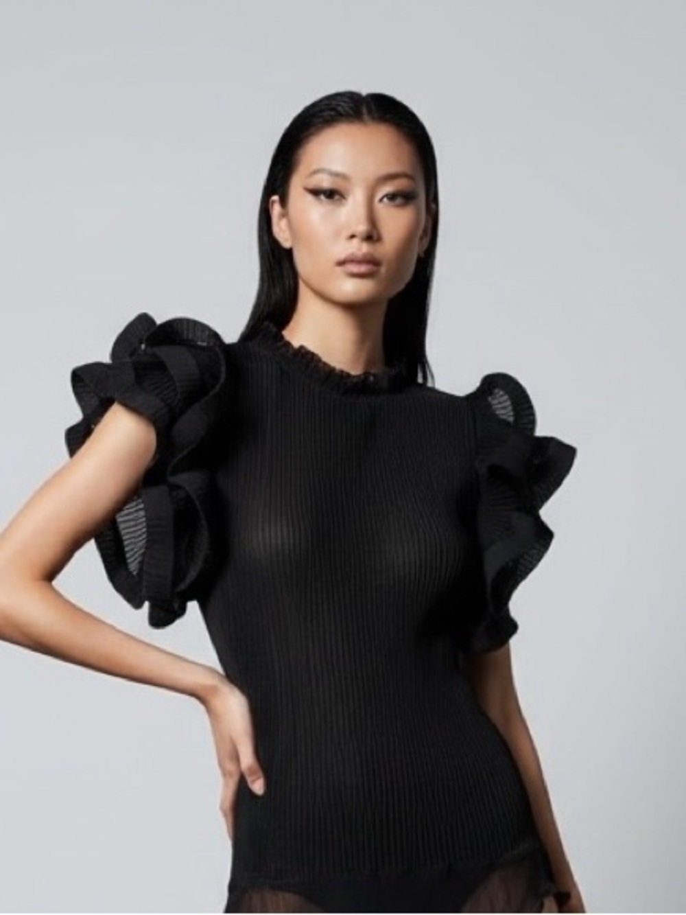 LOVE CULTURE NWOT Black Micro Pleated Ruffle Blouse Top - Size M - Picture 4 of 9